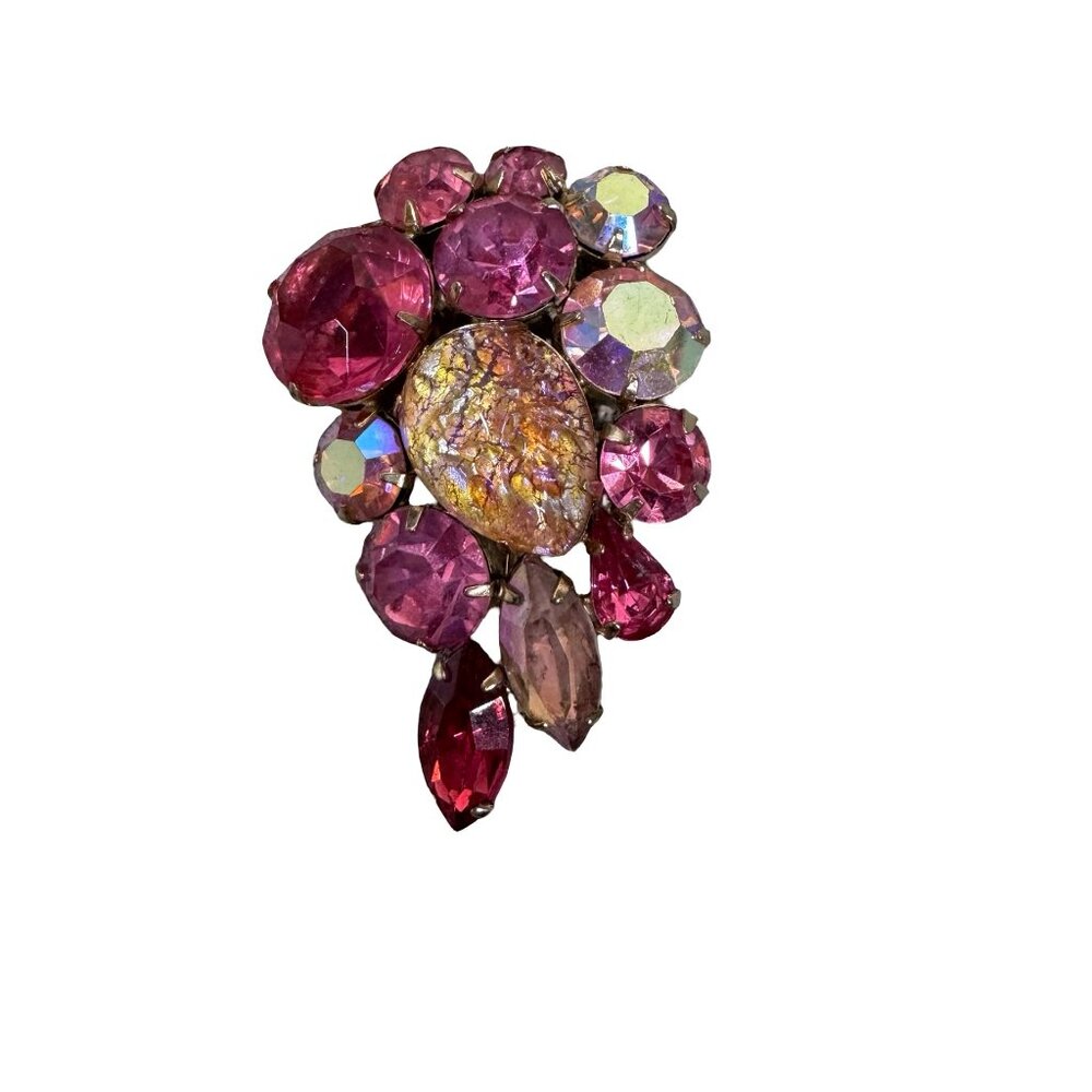 Vtg Weiss Pink Rhinestone Foil Aurora Borealis Brooch Gold Tone Signed Floral 2"